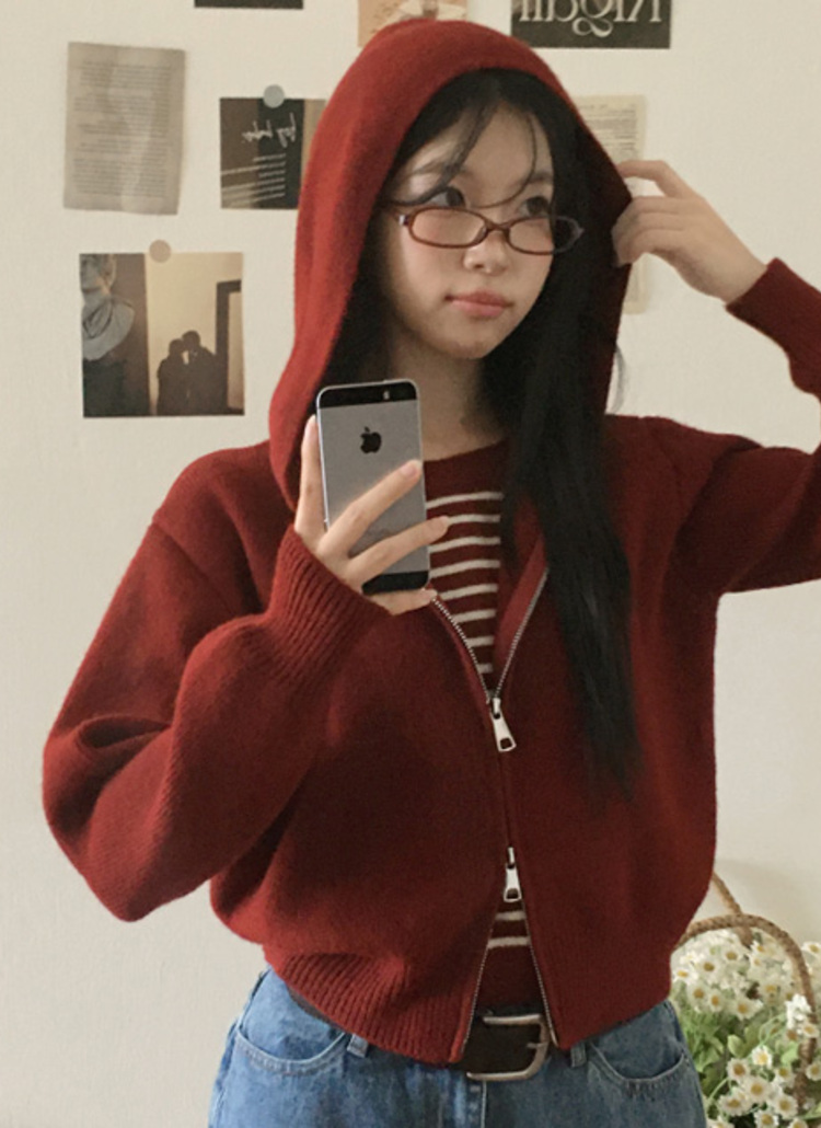 レイヤード風ダブルジップフードカラーボーダージップパーカー